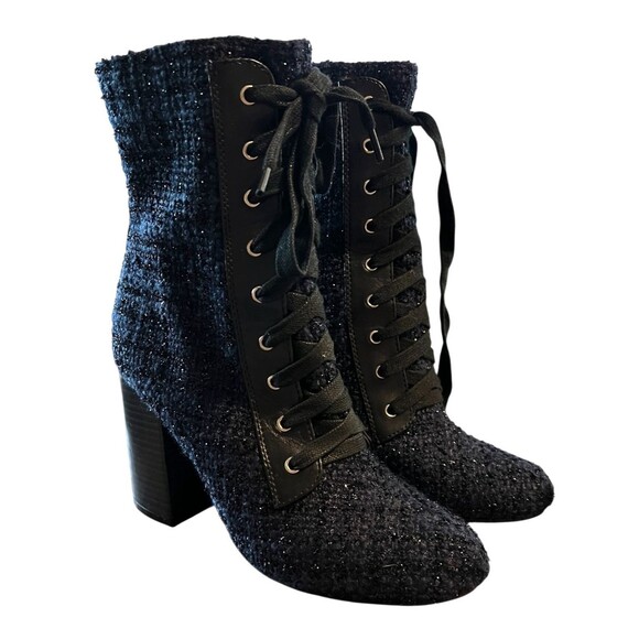 Forever 21 Tweed Lace-up Boots w Zipper Size 7.5 Blue Metallic Grandma Boots - Picture 4 of 10